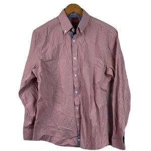 Penguin Men 15 32/33 Slim Fit Long Sleeve Button Front Shirt Orange Blue Gingham